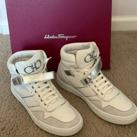 Salvatore Ferragamo “Neo” Parchment and Silver Sneakers - Men’s
